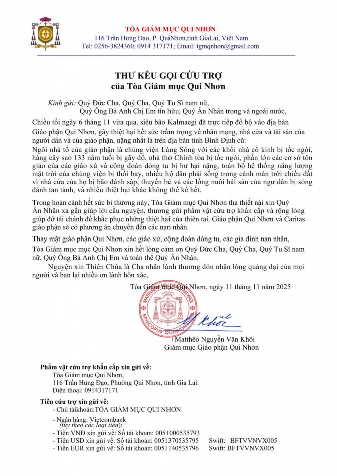 Thư kêu gọi cứu trợ của Tòa Giám Mục Qui Nhơn