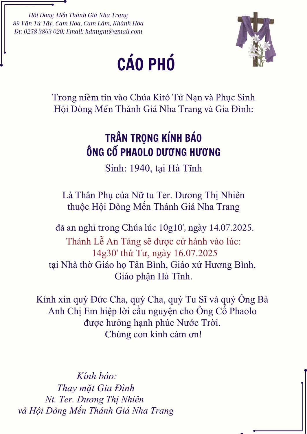 Cáo phó Ba Nhiên