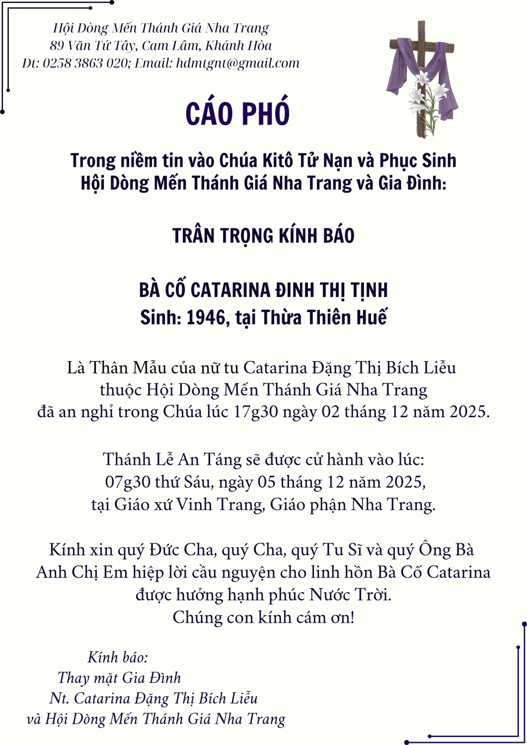 Cáo phó Mẹ Chị Liễu