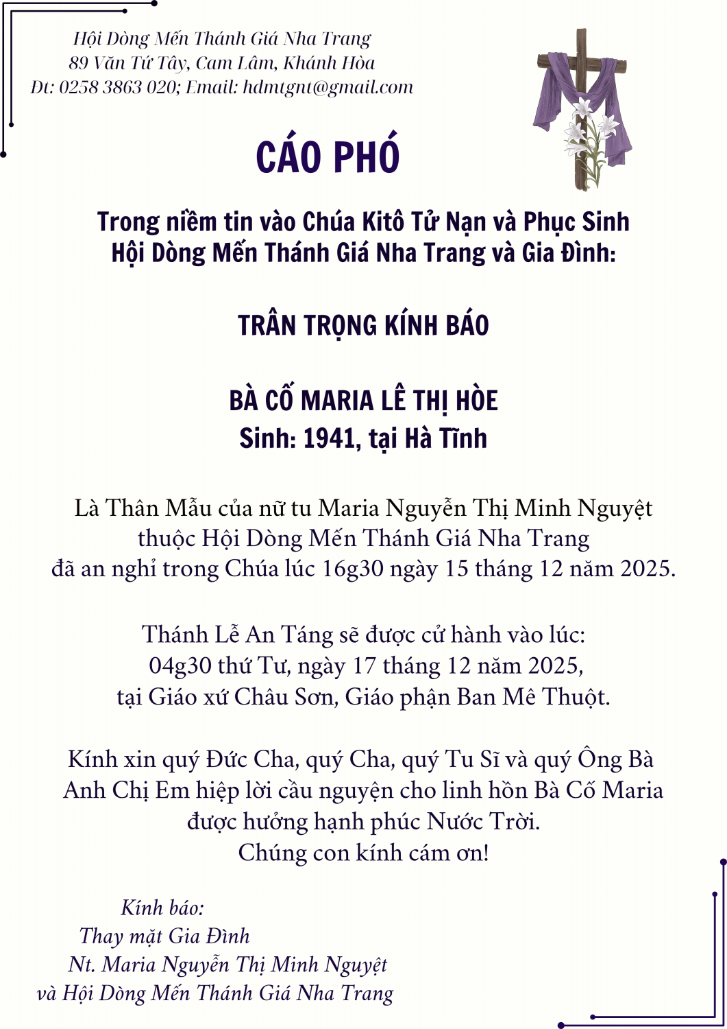 Cáo phó Mẹ Chị Nguyệt