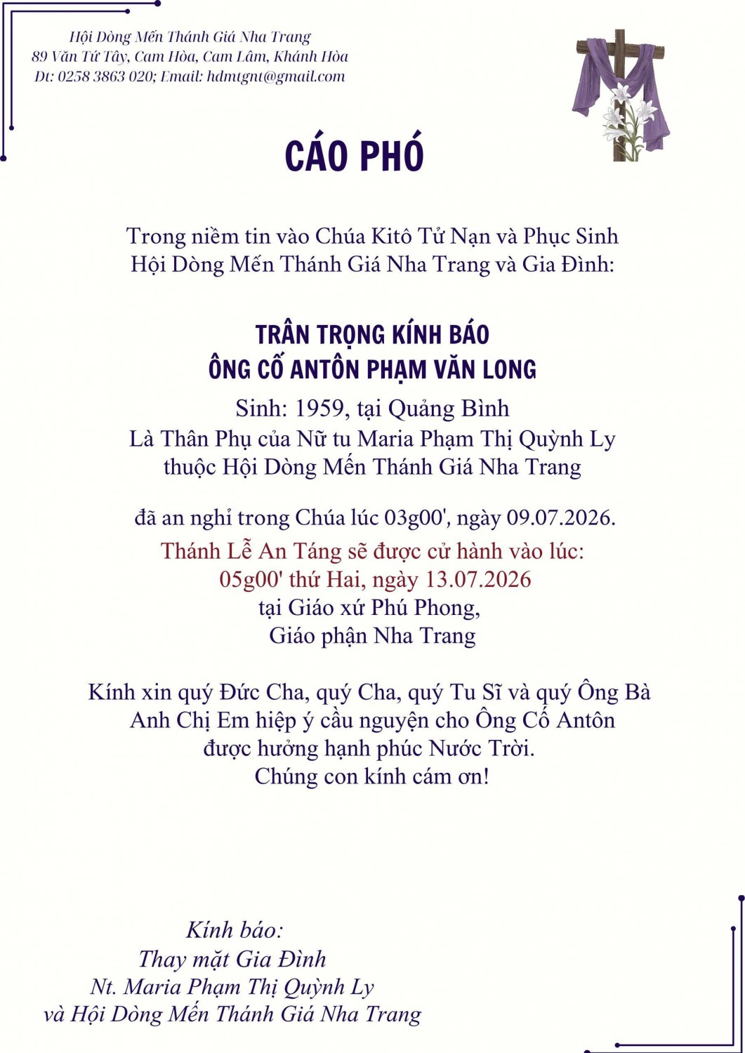 ÁI TÍN ÔNG CỐ ANTÔN PHẠM VĂN LONG
