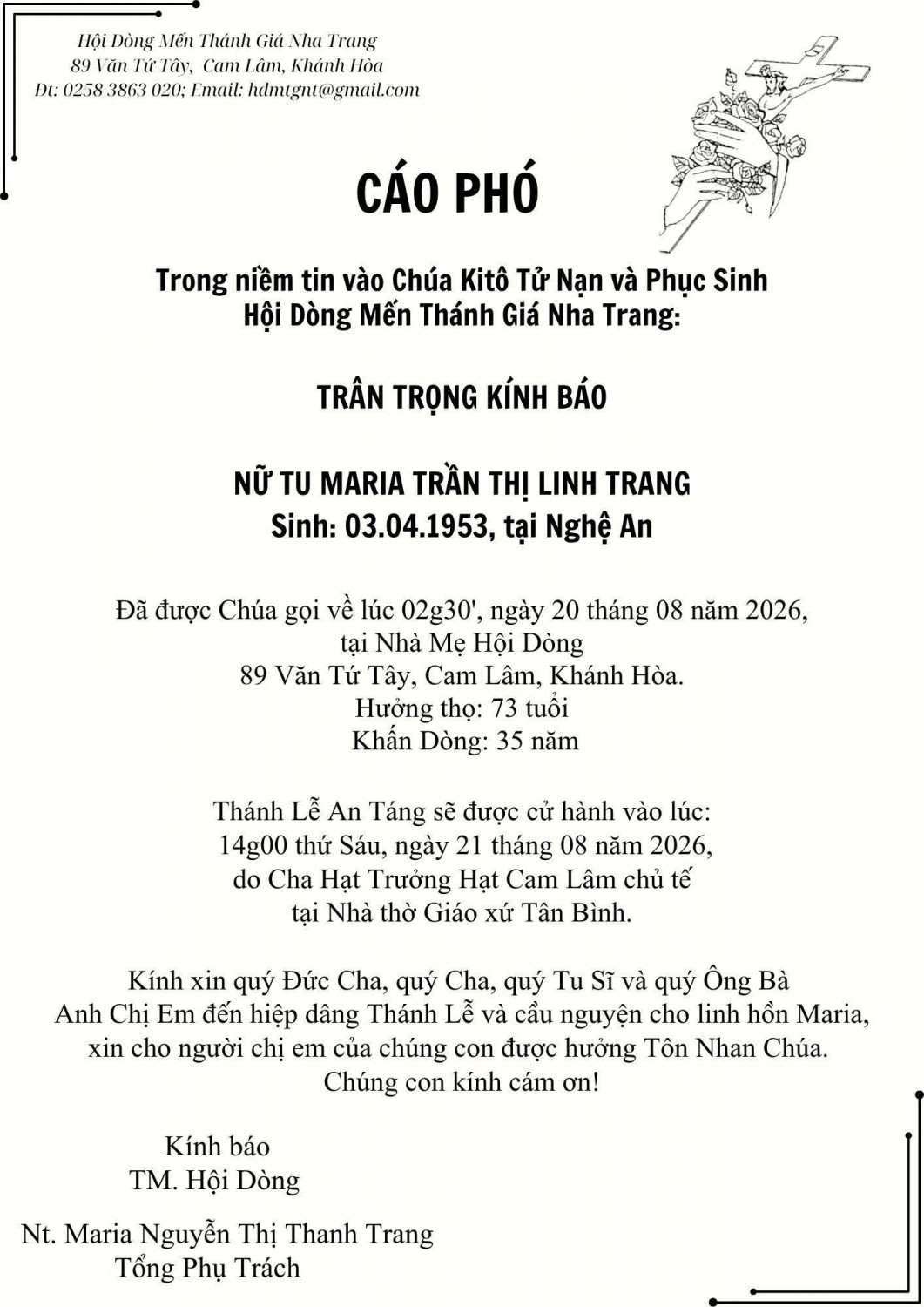 CÁO PHÓ CHỊ MARIA LINH TRANG