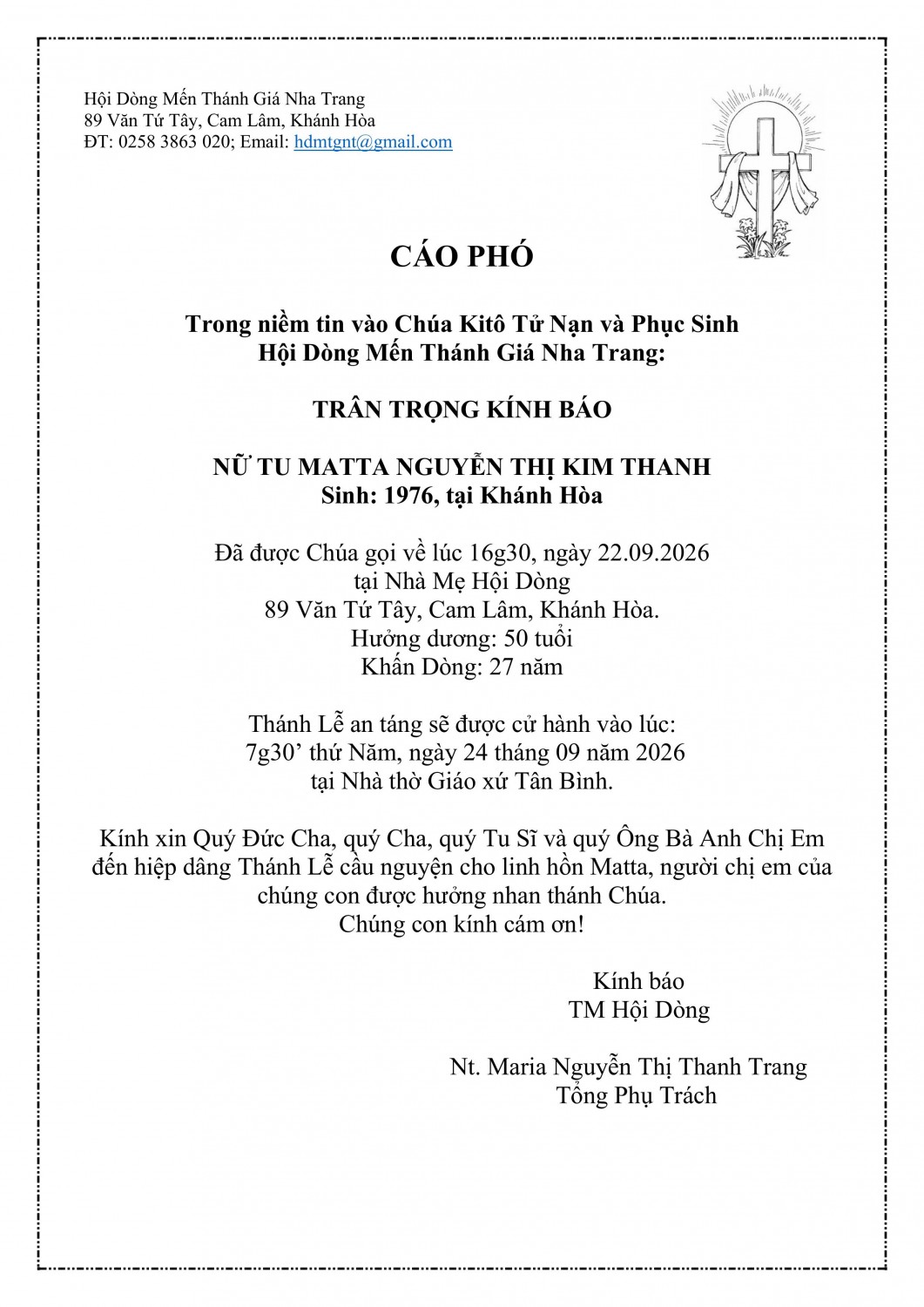 Cáo phó Chị Thanh