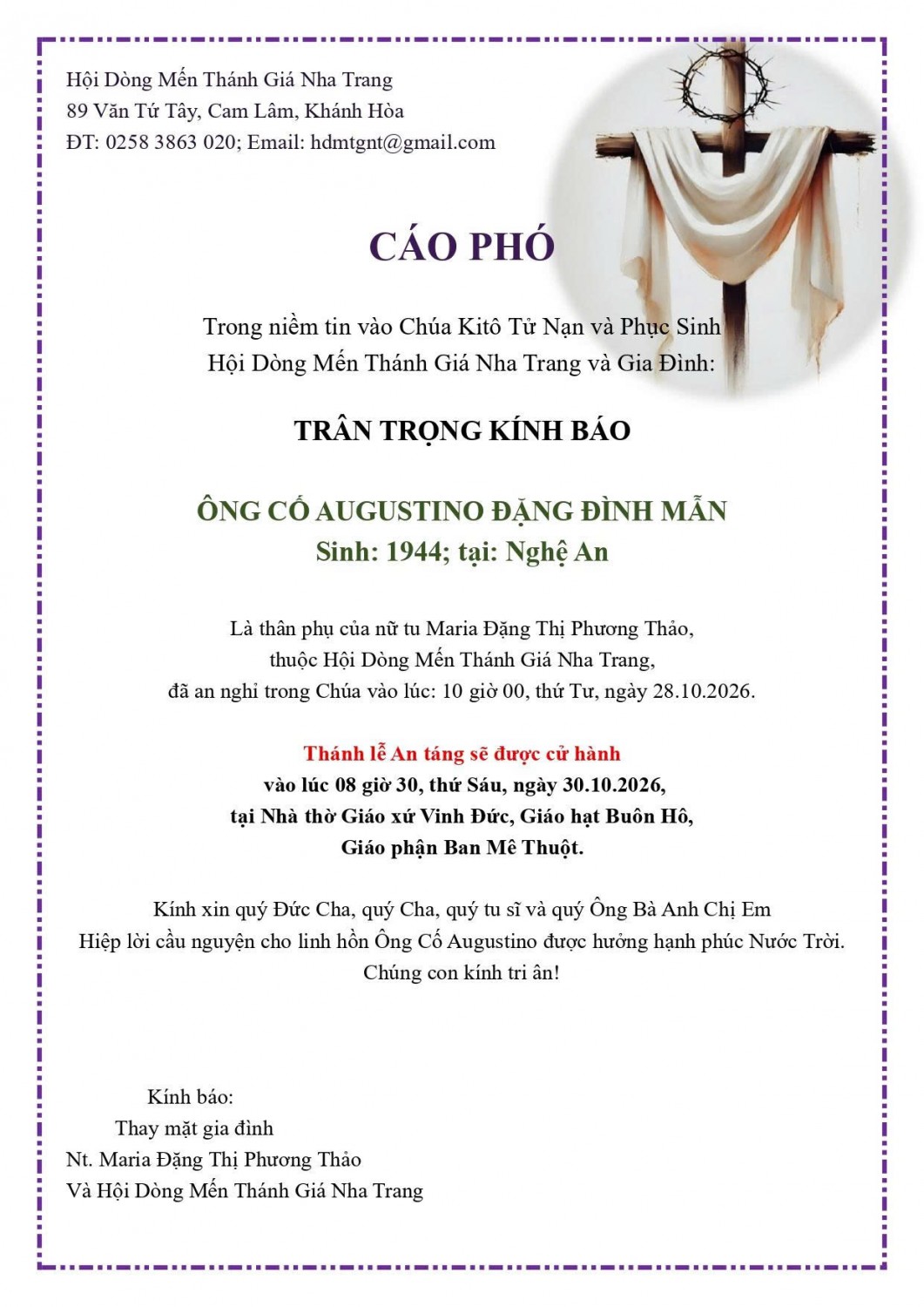 Cáo Phó ông cố Augustino Đặng Đình Mẫn